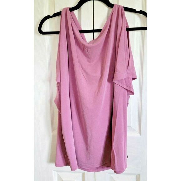 WHBM XL Knit Top Cold Shoulder Short Sleeve Lilac Stretch Drape Neck Top - Picture 2 of 4